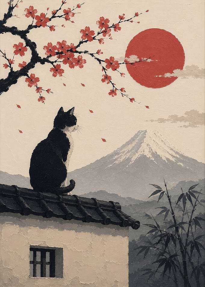 Cat on a Roof with Mount Fuji