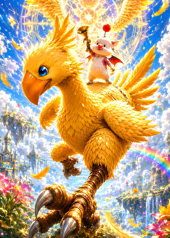 Chocobo and Moogle in a final Fantasy World