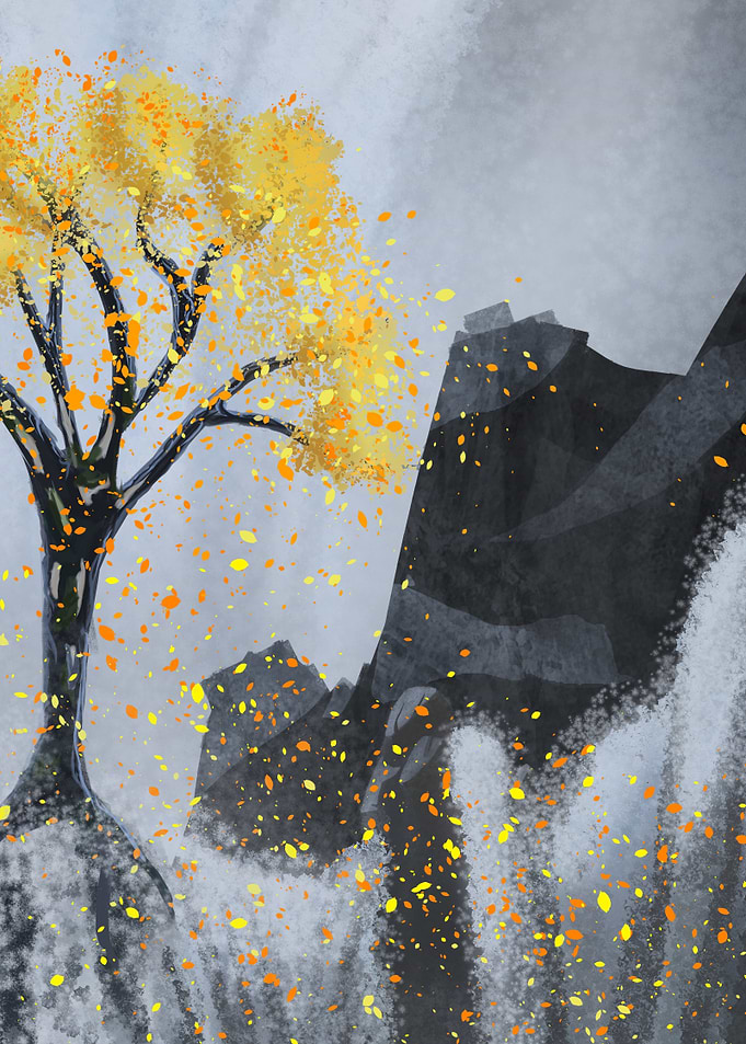 fantasy fall tree on waterfalls