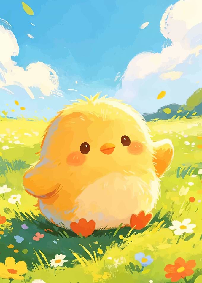 Cute Chick in a Field of Flowers