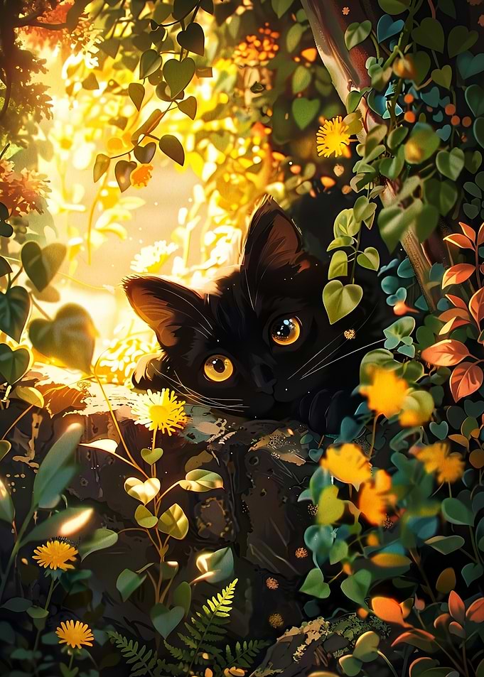 Black Cat in Lush Greenery