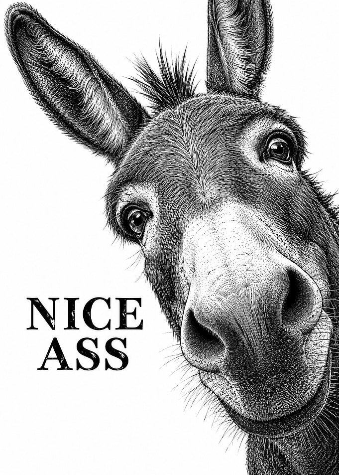 Donkey with 'Nice Ass' text
