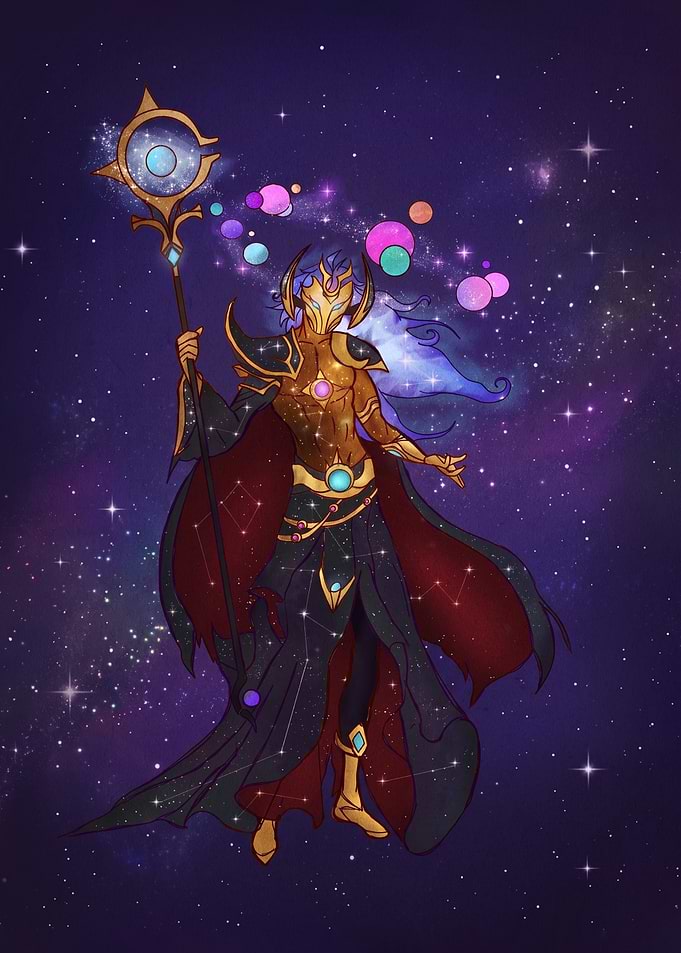 Cosmic Being with Staff and Planets