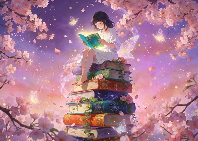 Girl Reading on Stack of Books