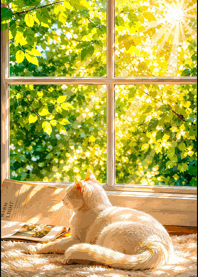 Cat basking in sunlight by the window