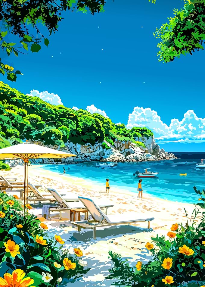 Tropical Beach Paradise with Lounge Chairs