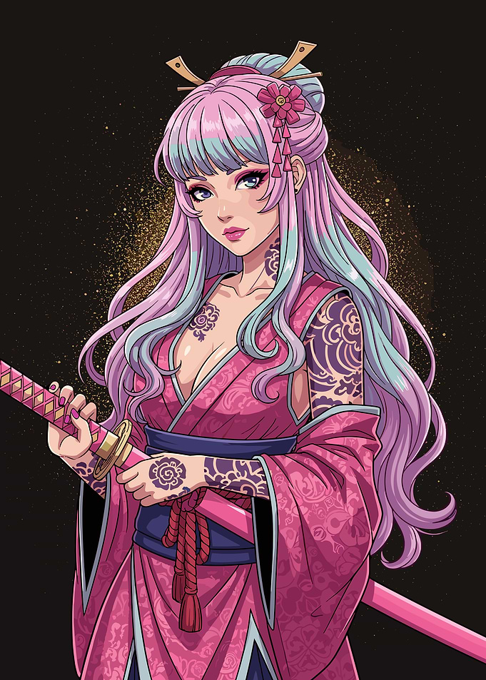 Samurai Woman with Pink Kimono and Katana