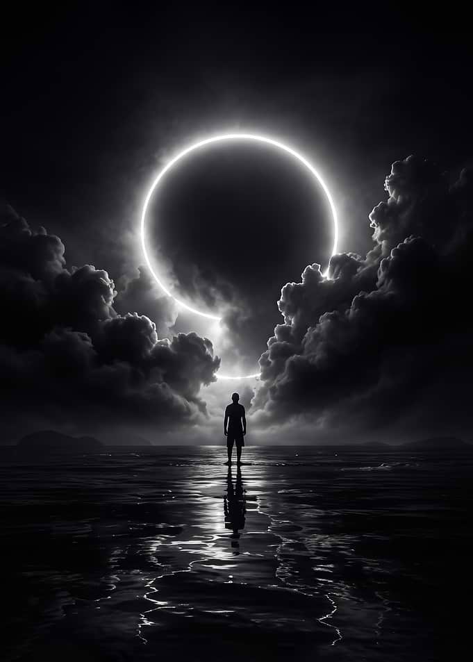 Man watches solar eclipse over water Dark Aesthetic