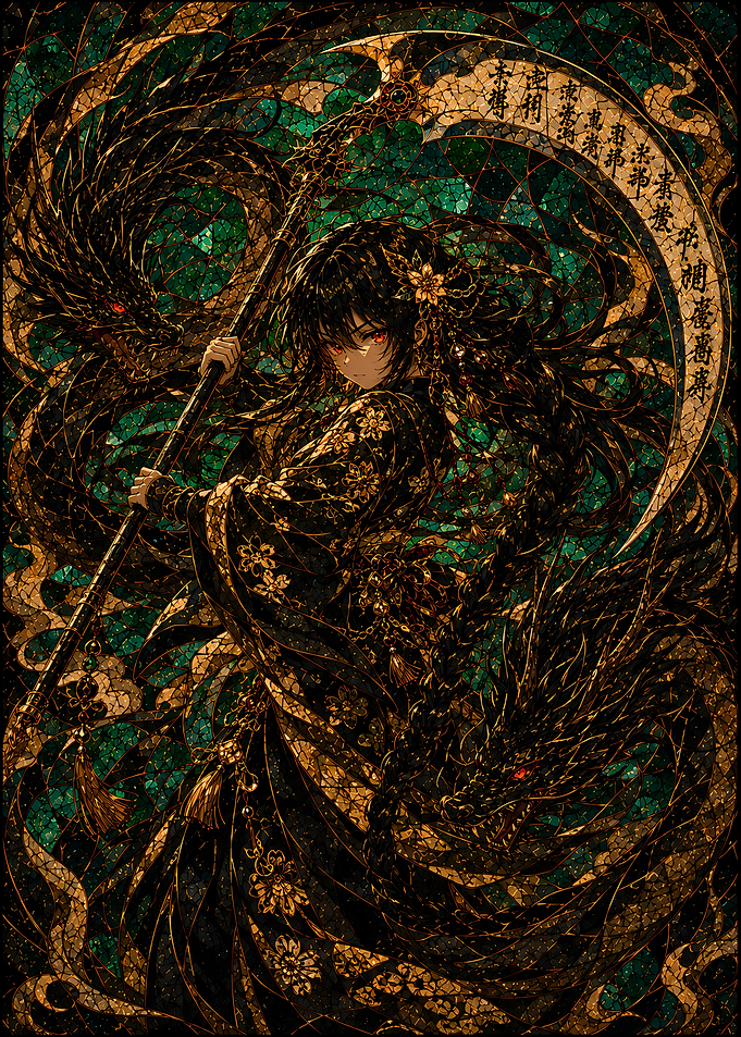 Anime Girl with Scythe and Dragons
