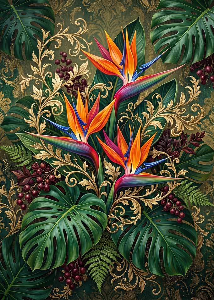 Vibrant Bird of Paradise Flowers with Tropical Leaves