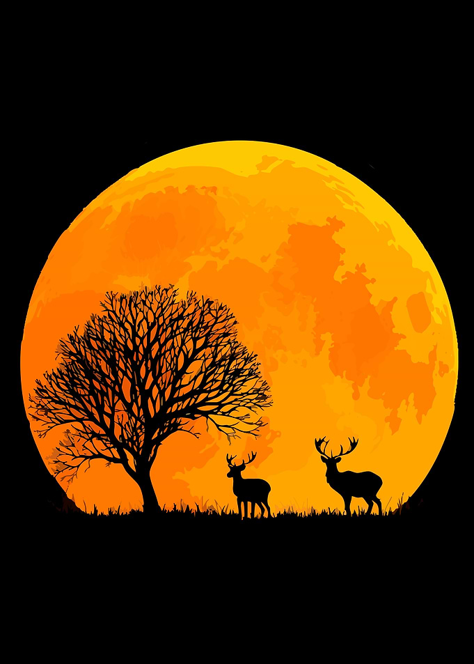 Deer under a large orange moon