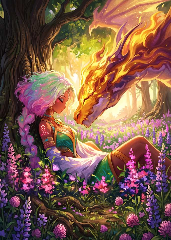 Dragon and Woman in Flower Field