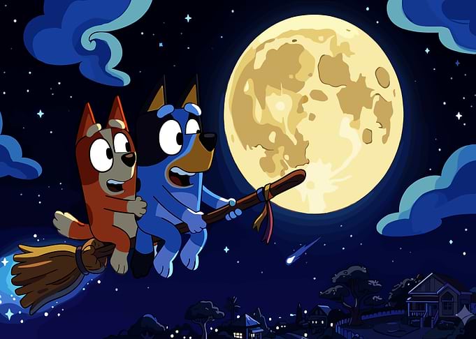 Bluey and Bingo flying on a broomstick