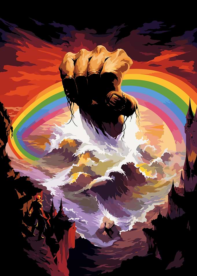 Rainbow Rising Giant Fist Emerging from Waves with Rainbow