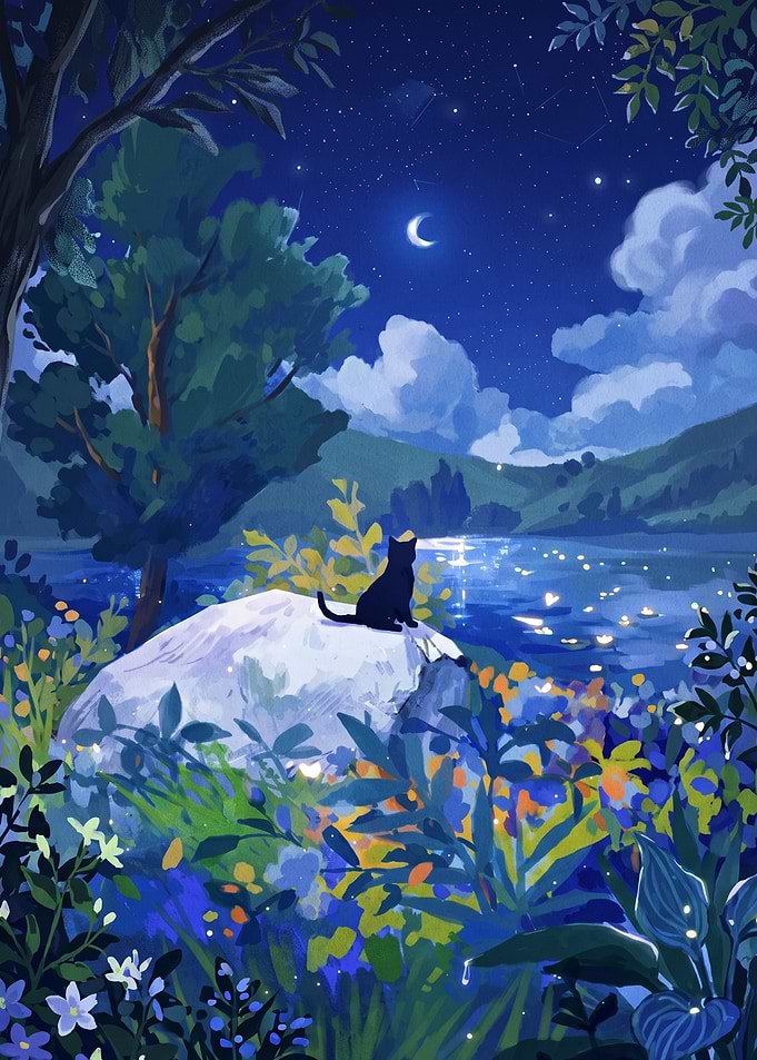 Black cat on rock at night