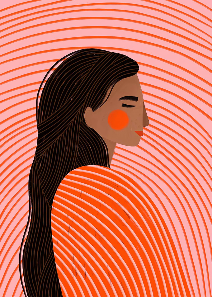 Woman with long dark hair and orange shirt
