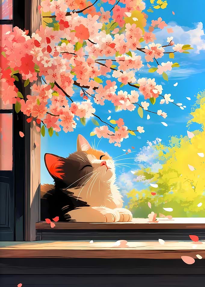 Cat Enjoying Cherry Blossoms