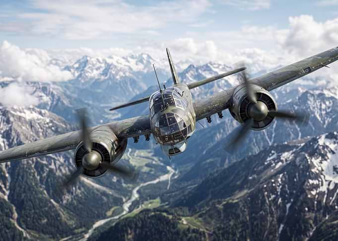 WWII Bomber Flying Over Mountains