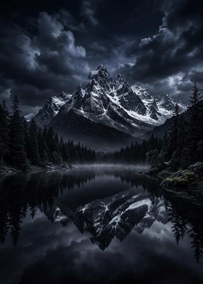 Dramatic Mountain Lake Reflection Dark Aesthetic poster