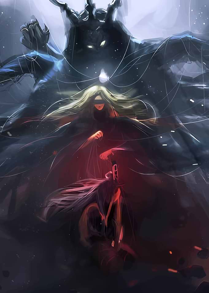 Dark Fantasy Scene with Blindfolded Woman and Giant