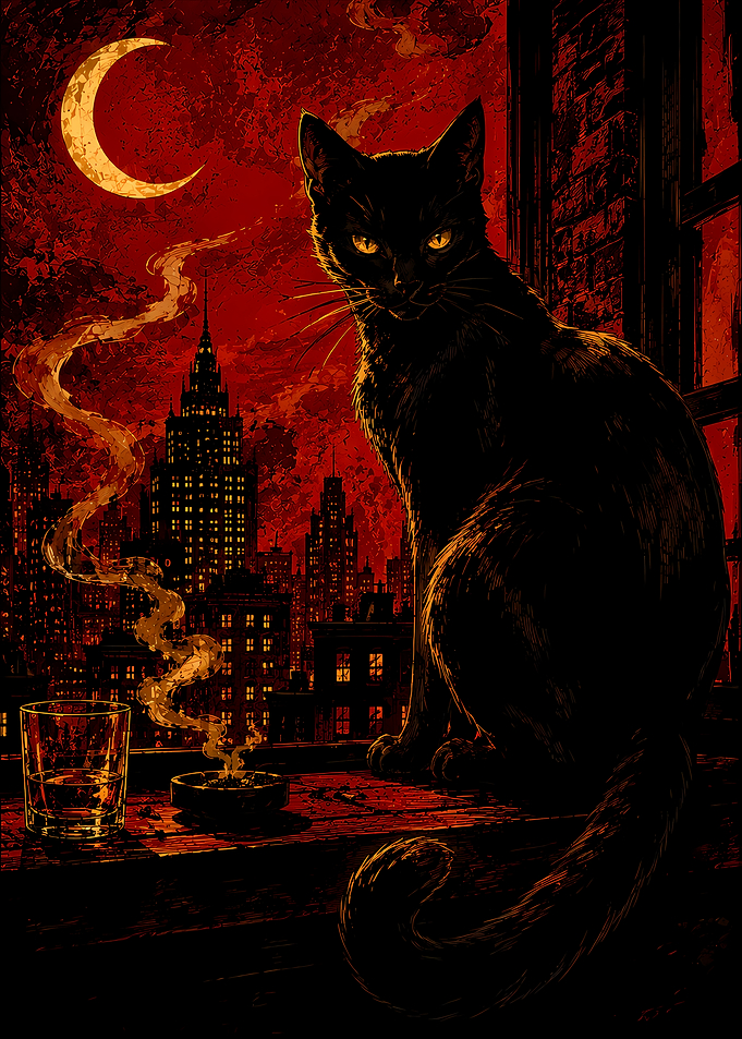 Black Cat on a City Rooftop at Night