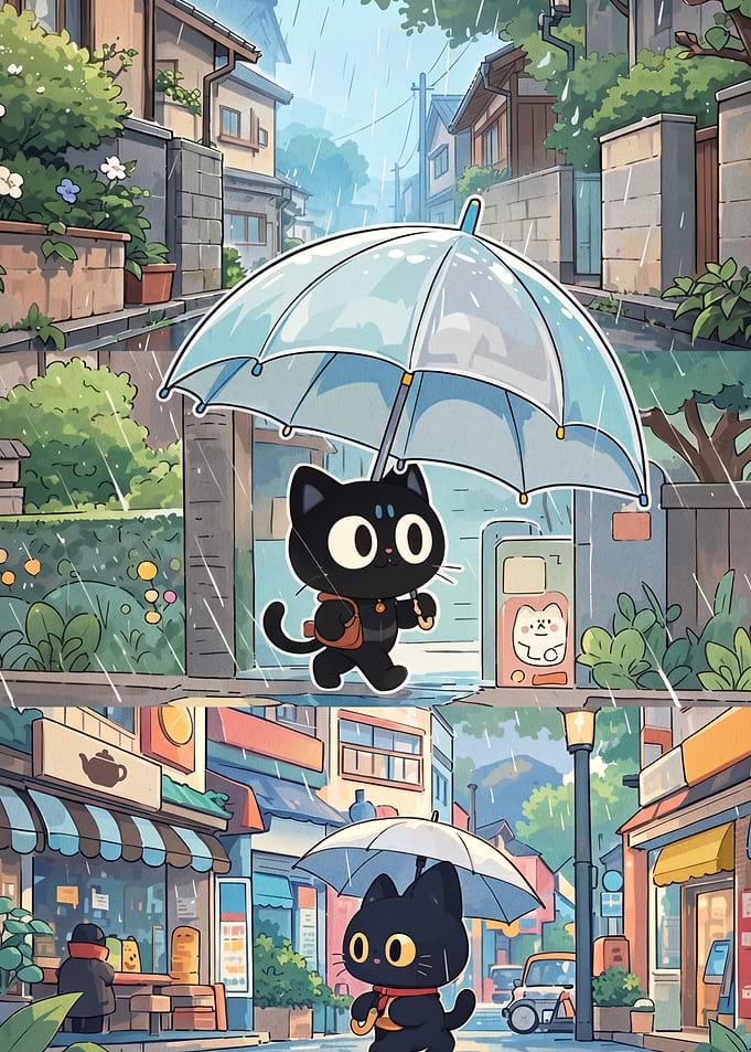 Cute Cat Walking in the Rain