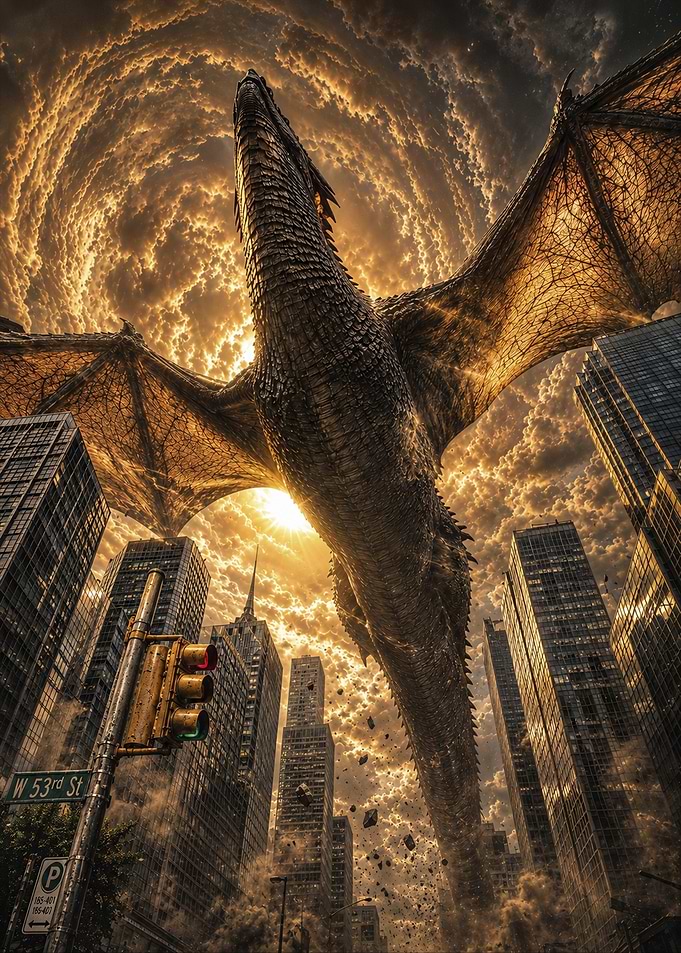 Dragon Over the City Urban Fantasy Giant Beast Attack