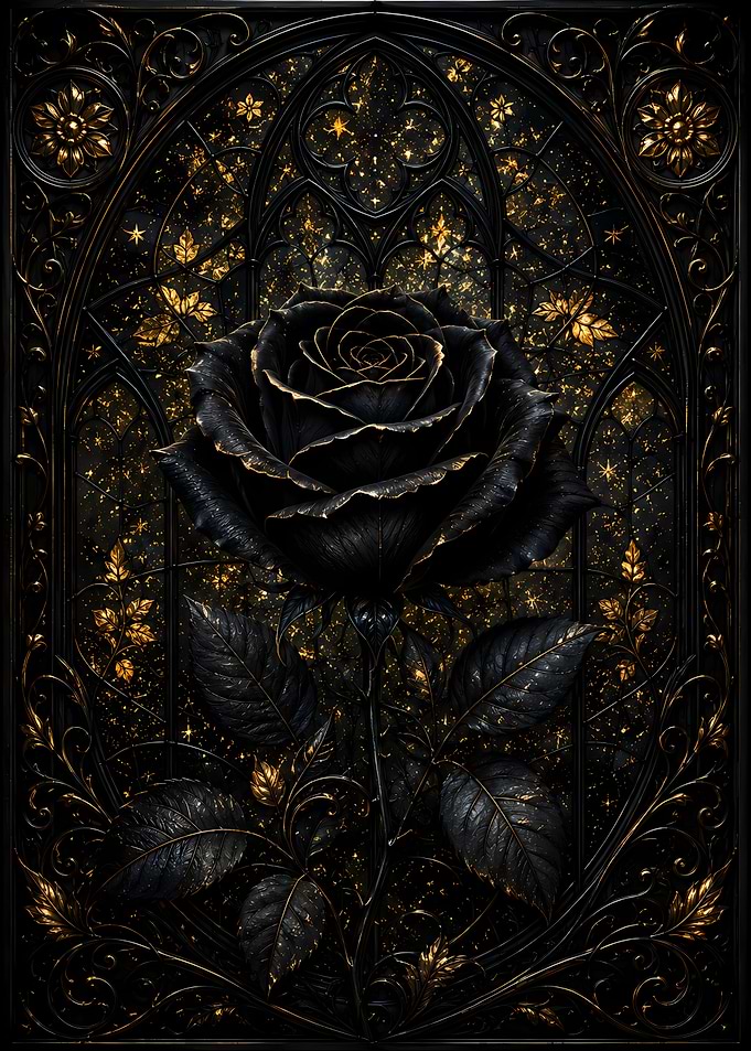 Black Rose with Golden Ornate Background