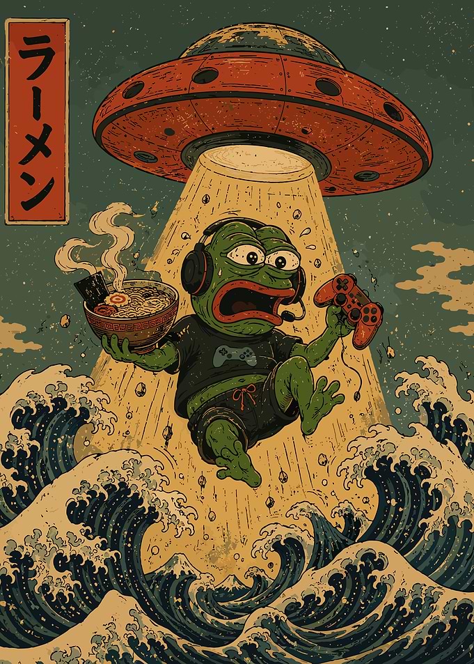 Retro Pepe Frog UFO Ramen Gamer Poster Japanese Wave Sci-Fi Wall Art