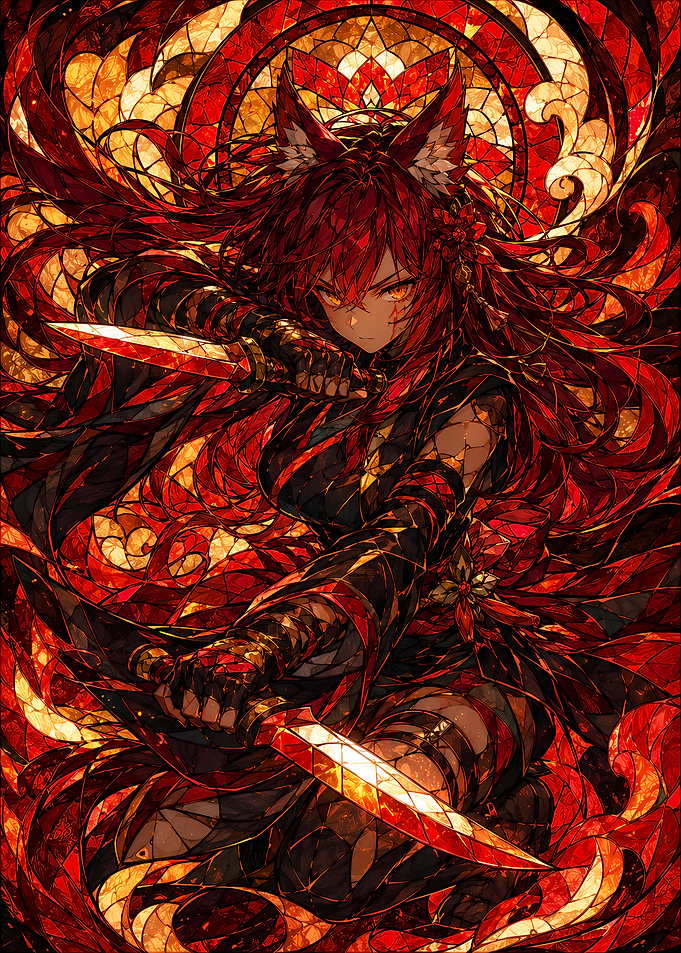 Anime Girl with Knives in Stained Glass Style