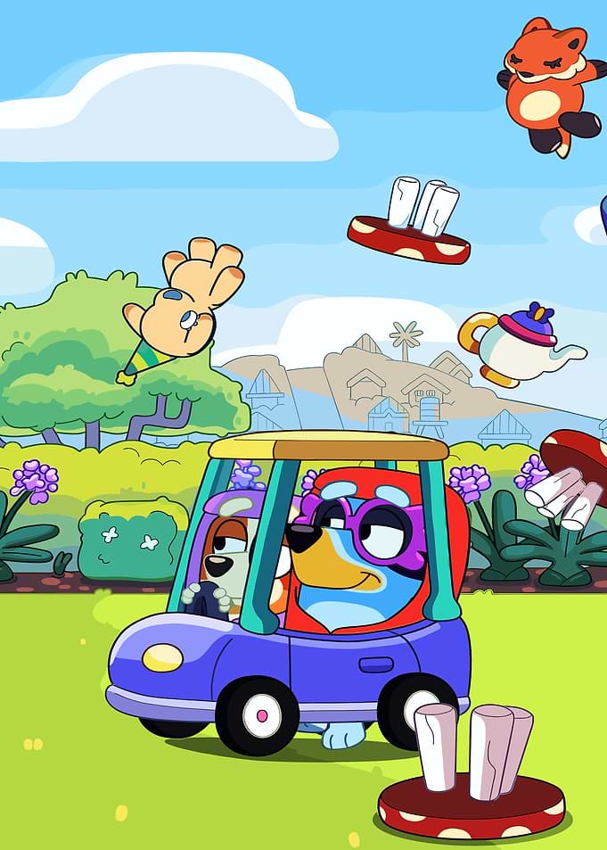 Bluey and Bingo in a Golf Cart