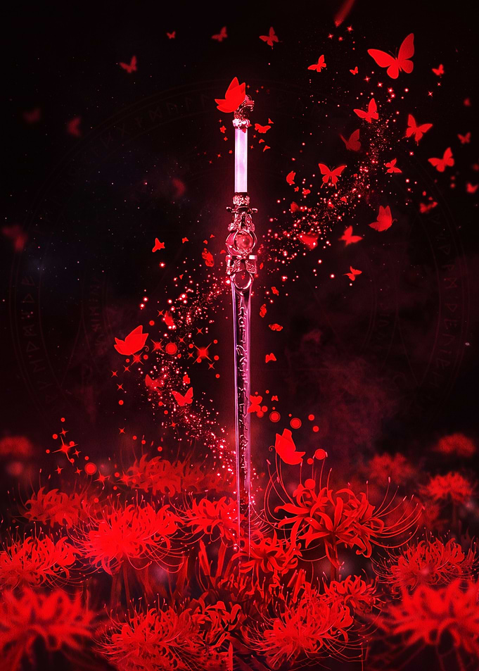 Magical Sword Amidst Red Flowers and Butterflies