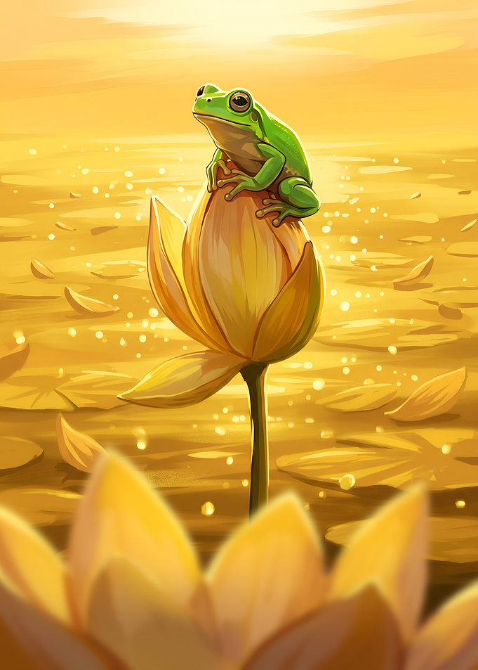 Green Tree Frog on Golden Lotus Bud