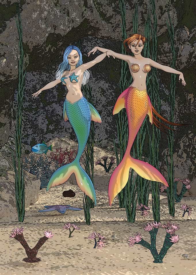 Two Mermaids Dancing Underwater