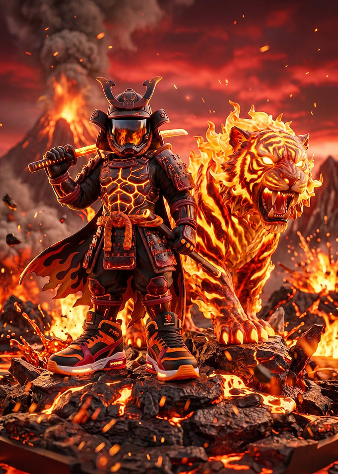 Samurai Warrior with Fiery Tiger