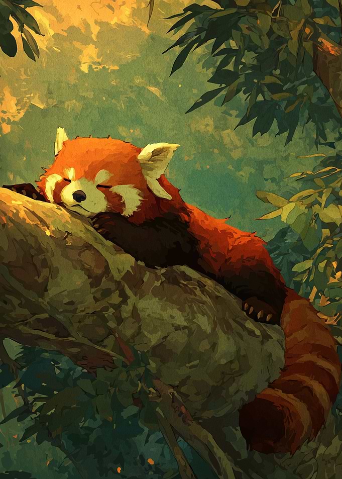 Red Panda Sleeping on a Tree Branch
