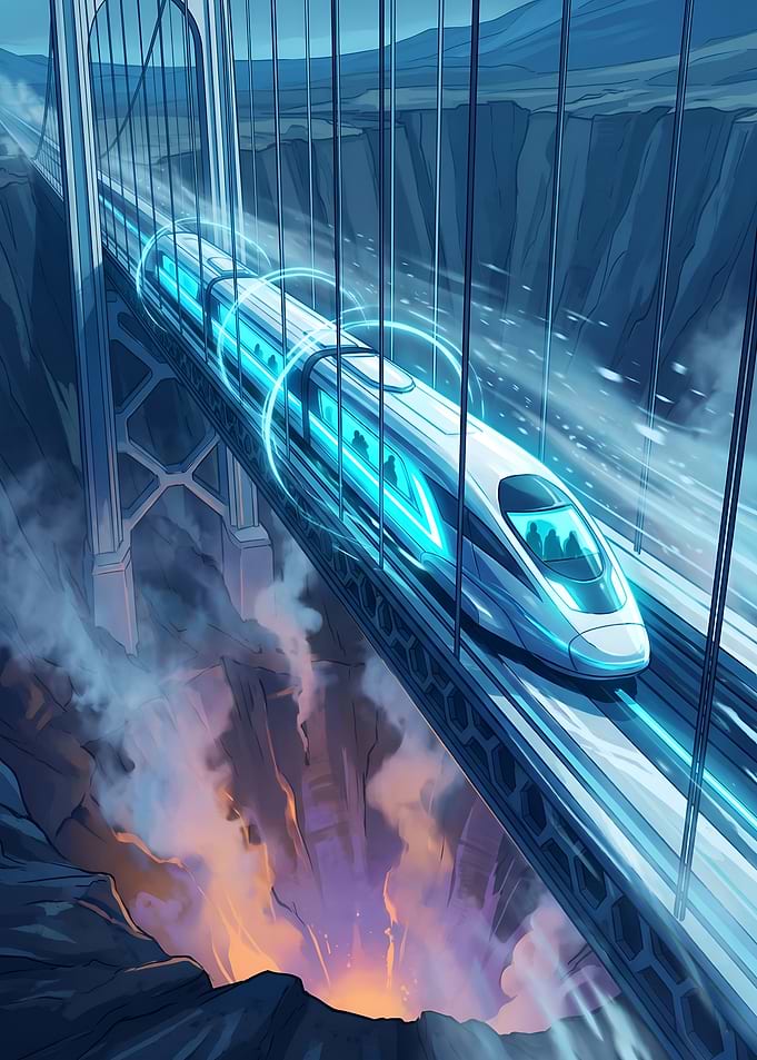 Futuristic High Speed Train on Suspension Bridge