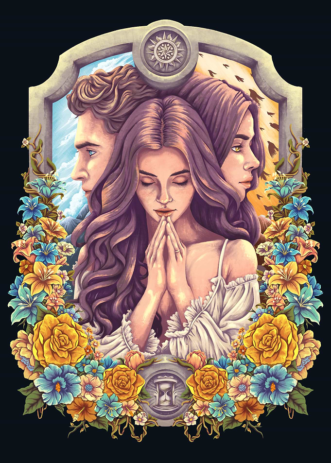 Surreal Portrait of two person with blooming floral Border called Viraha