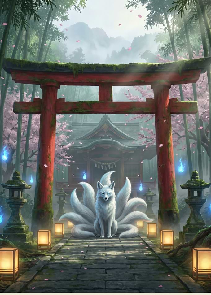 Mythical Fox Spirit at Japanese Shrine