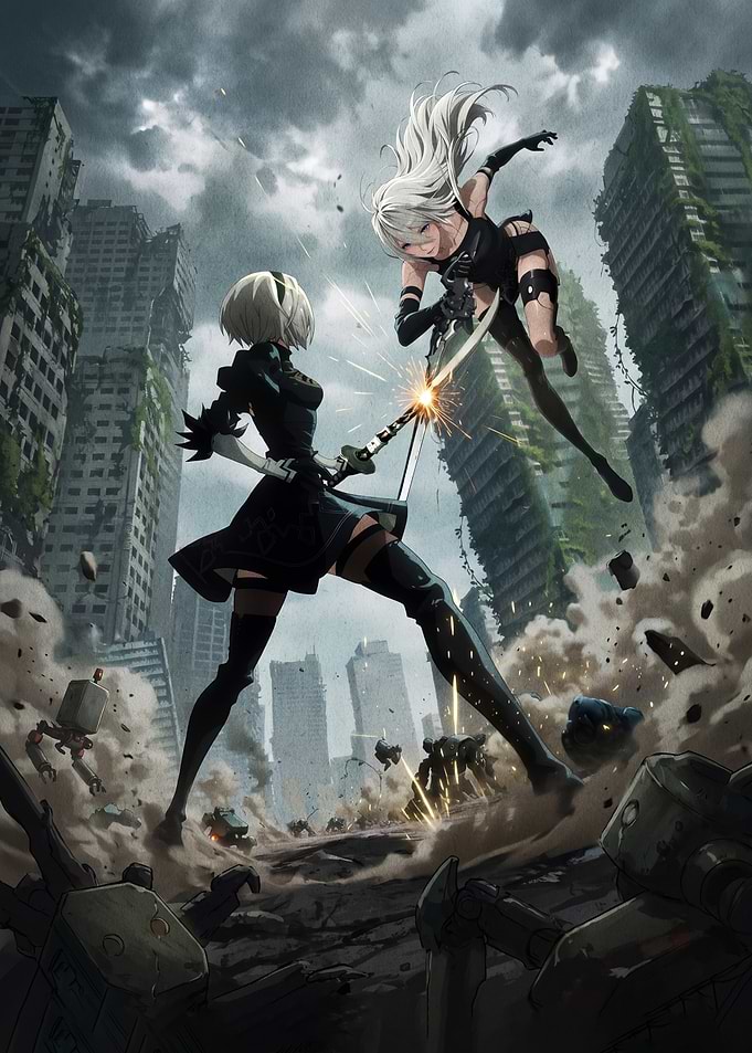 Androids battling in a ruined city