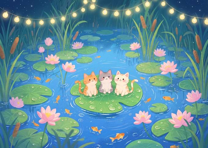 Cute Cats on Lily Pad at Night