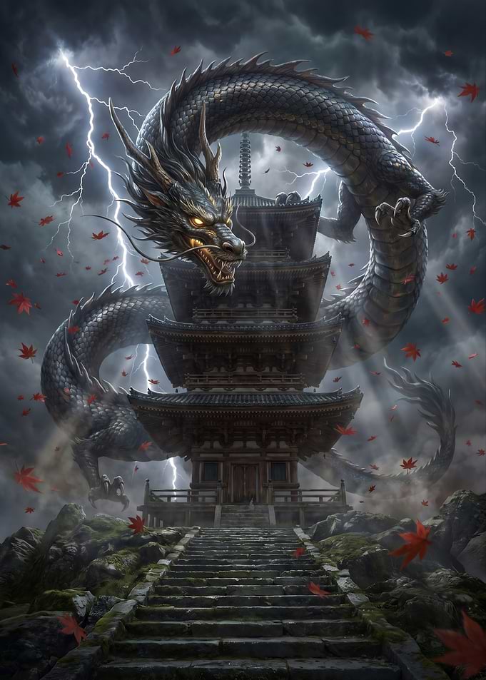 Dragon Over Japanese Pagoda