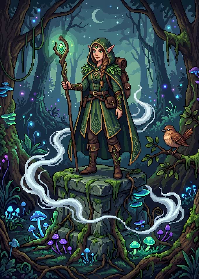 Pixel Art Elf Ranger in Enchanted Forest