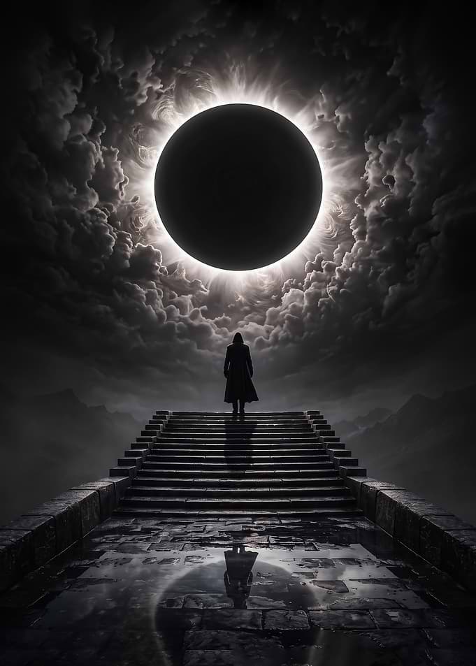 Figure on Stairs During Solar Eclipse Dark Aesthetic