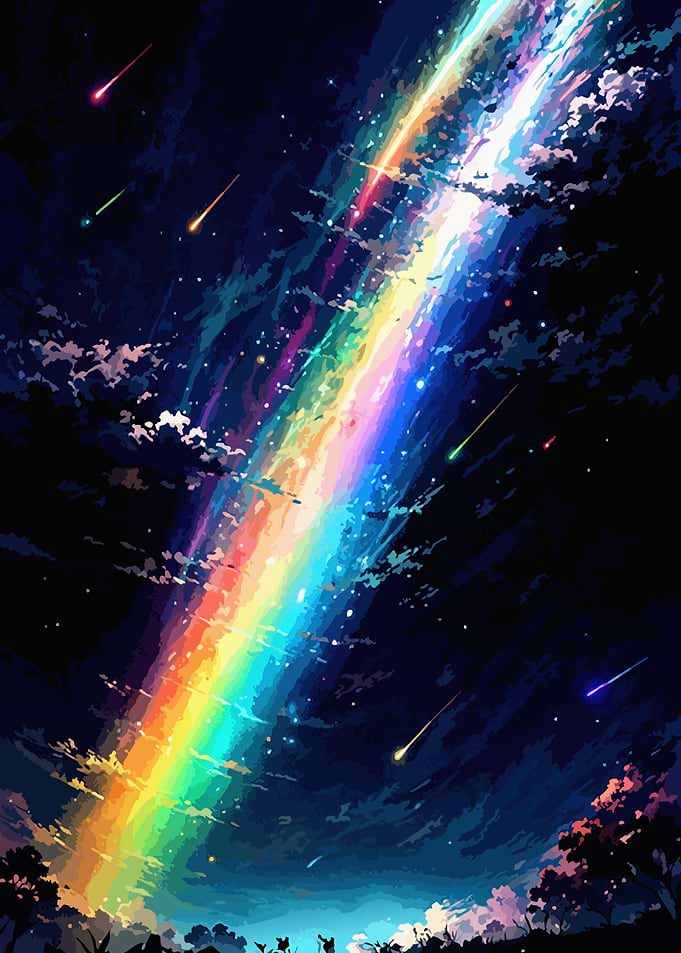 Rainbow Comet Shower in Night Sky