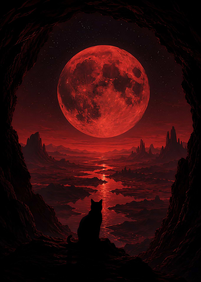 Cat watches a blood moon