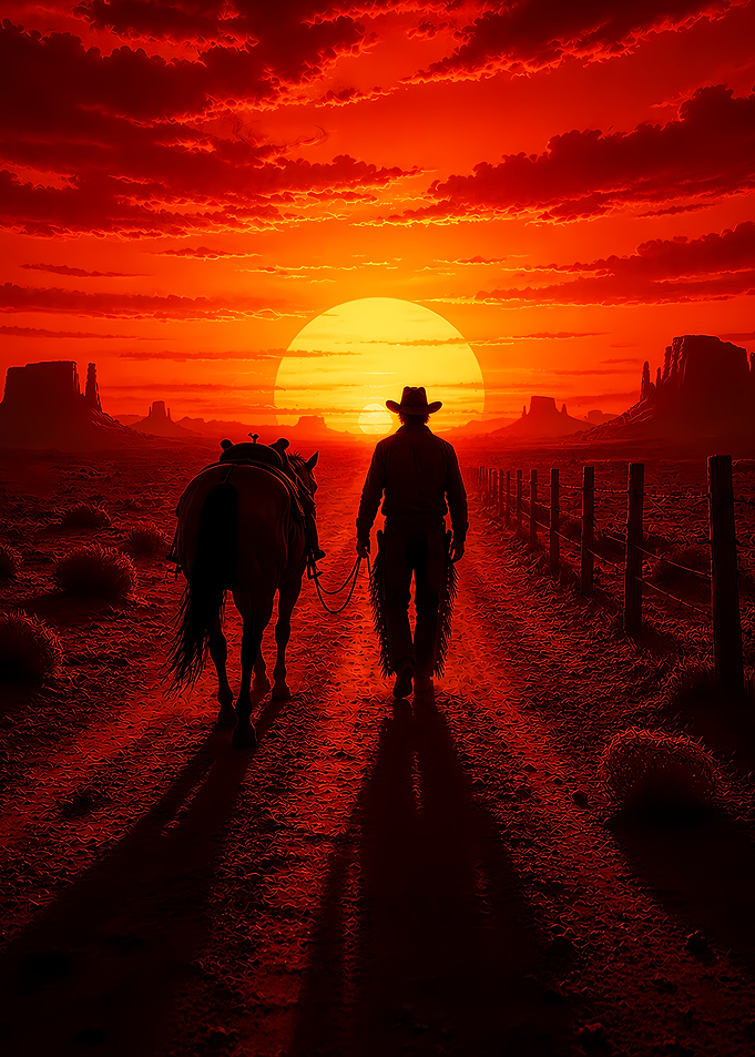 Cowboy and horse at sunset