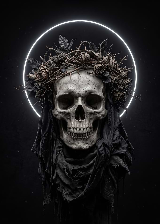 Skull with Crown of Thorns and Roses Dark Aesthetic