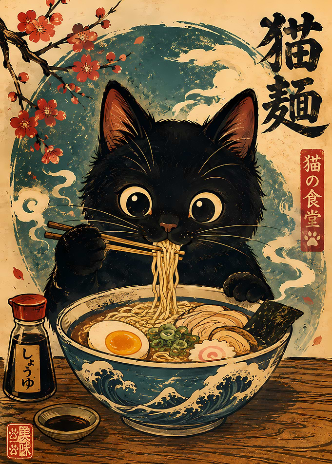 Black Cat Eating Ramen