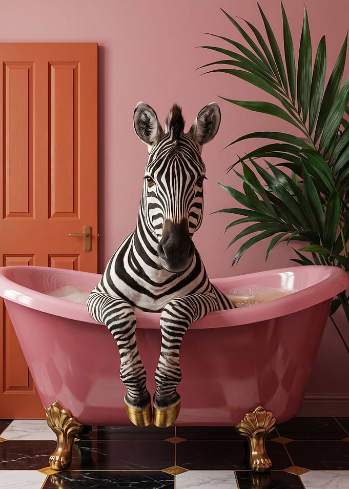 Zebra relaxing in a pink bathtub